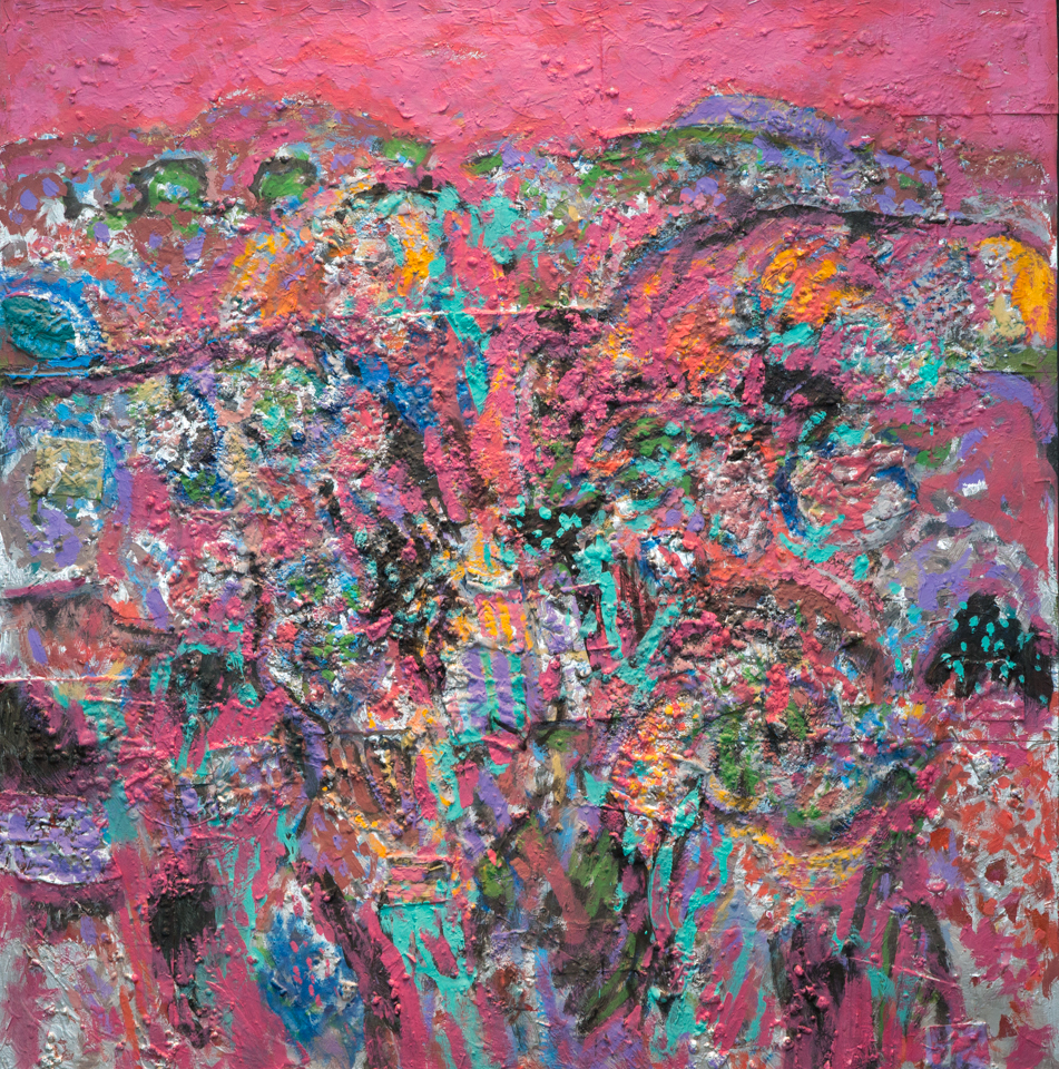 untitled is an original oil on canvas painting measuring 38 � 37 inches, completed in 1965 by American Expressionist Landscape painter Bud Holman.