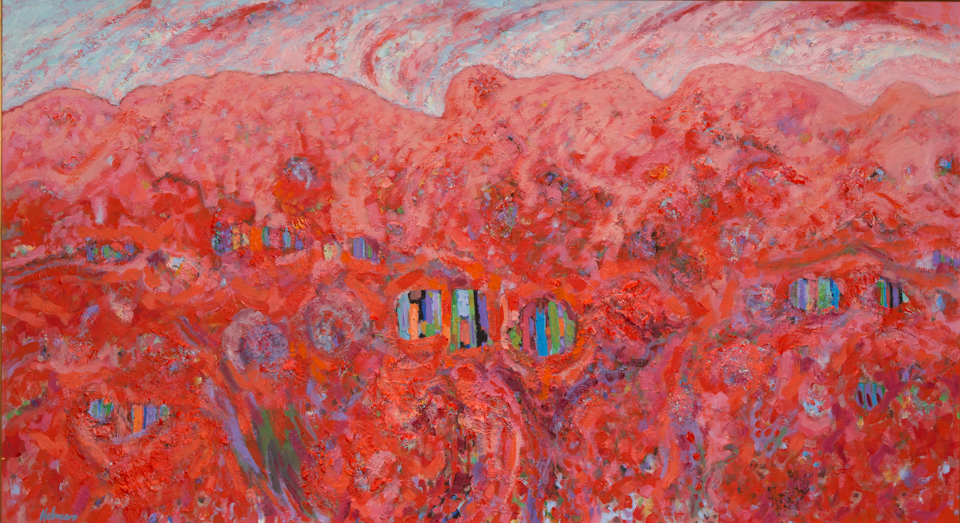 Arizona is an original oil on canvas painting measuring 29 � 53.25 inches, completed in 2003 by American Expressionist Landscape painter Bud Holman.
