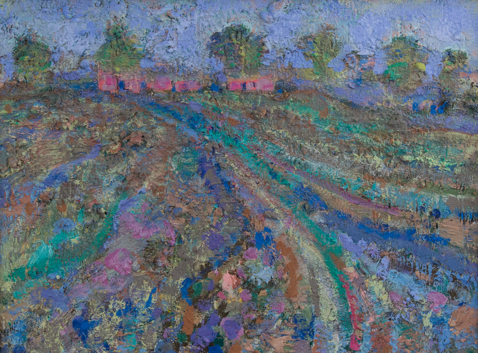 untitled is an original oil on canvas painting measuring 13 � 11 inches, completed in 1982 by American Expressionist Landscape painter Bud Holman.