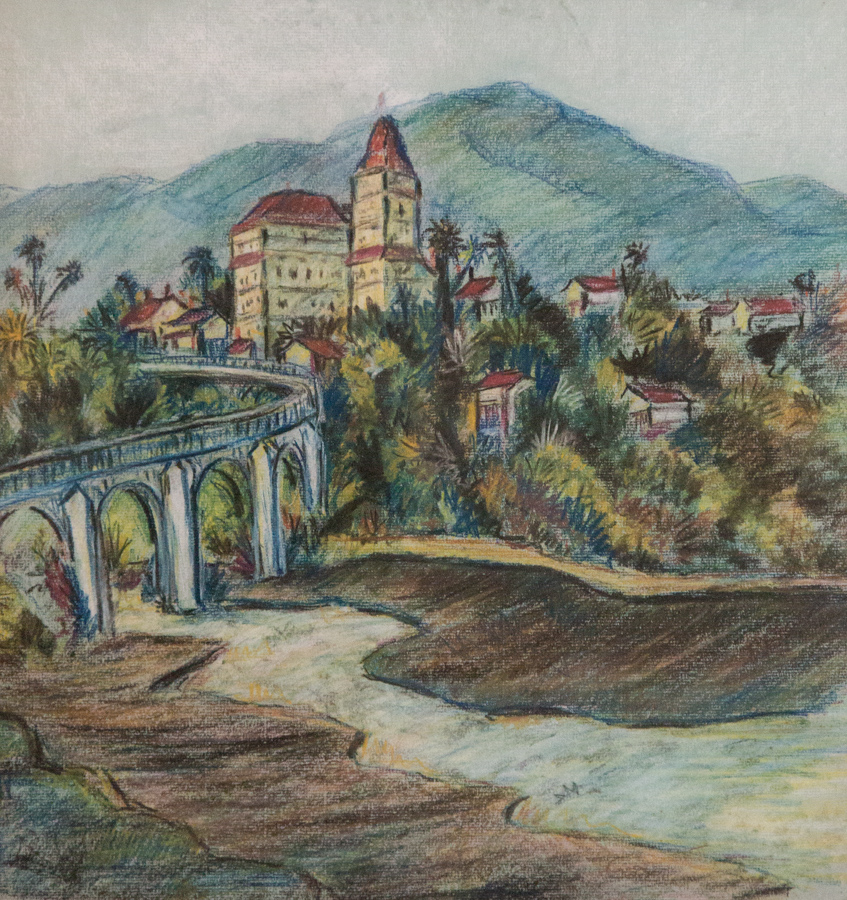 Italy is an original chalk drawing measuring 16 � 15 inches, completed in 1951 by American Expressionist Landscape painter Bud Holman.