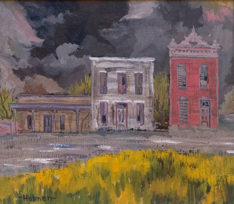 Kansas Ghost Town 3 is an original oil on panel painting measuring 12 � 14 inches, completed in 1953 by American Expressionist Landscape painter Bud Holman.