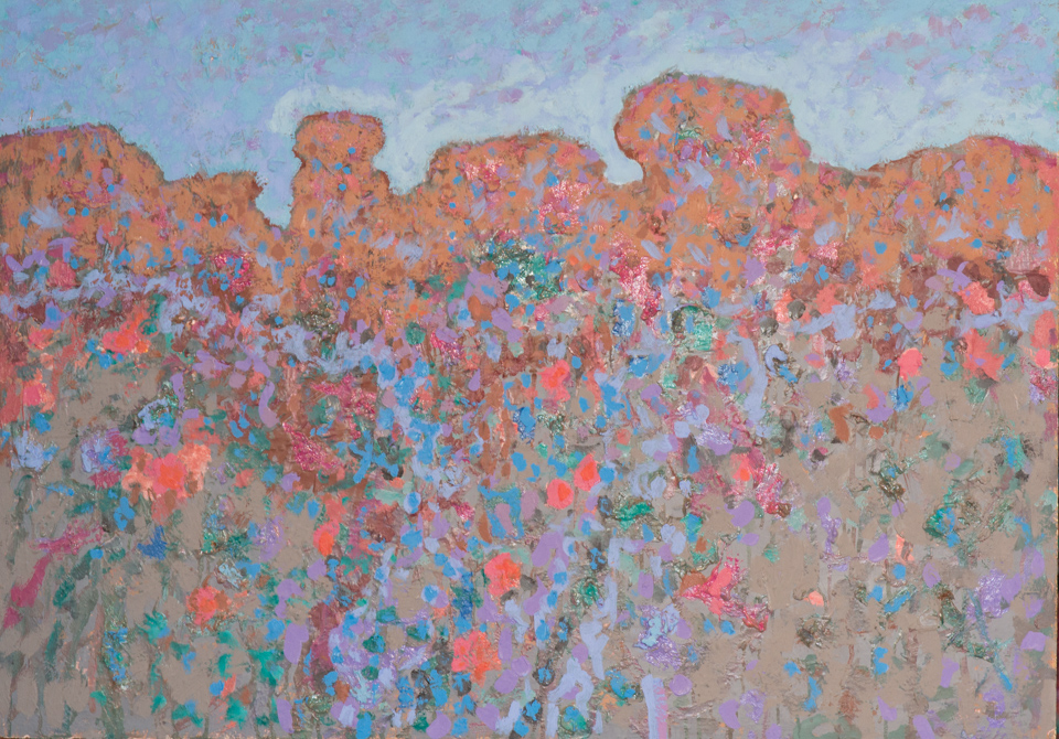 New Mexico Landscape is an original oil on masonite painting measuring 26 � 36 inches, completed in 1980 by American Expressionist Landscape painter Bud Holman.