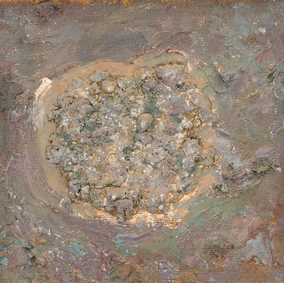 Mud Pie #114 is an original oil on masonite painting measuring 10 � 10 inches, completed in 1992 by American Expressionist Landscape painter Bud Holman.