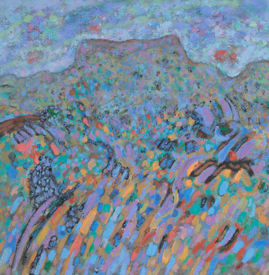 Desert Mesa is an original oil on canvas painting measuring 24 � 24 inches, completed in 1994 by American Expressionist Landscape painter Bud Holman.