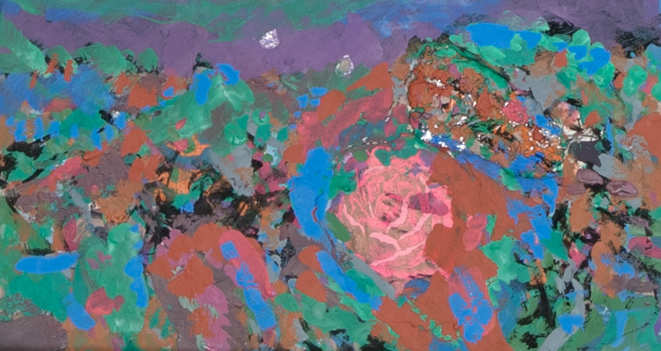 Landscape with Rose is an original collage with oil painting collage measuring 6.5 � 11.5 inches, completed in 2015 by American Expressionist Landscape painter Bud Holman.
