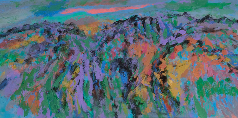 Rancho Santa Cruz #11 is an original oil on canvas painting measuring 12 � 24 inches, completed in 2016 by American Expressionist Landscape painter Bud Holman.