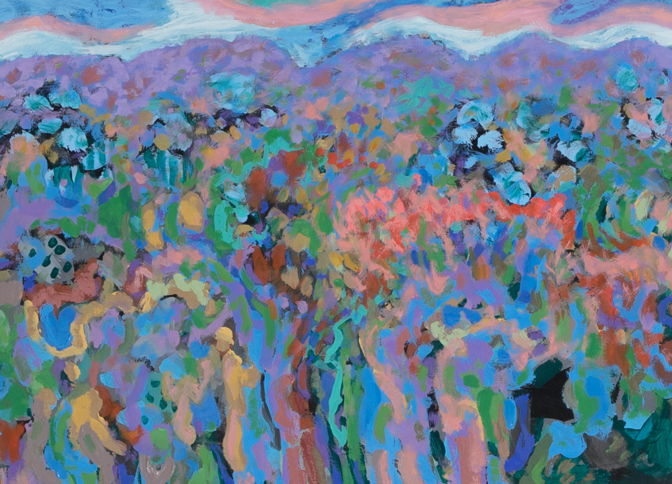 Catalina Landscape is an original oil on masonite painting measuring 15 � 21 inches, completed in 2003 by American Expressionist Landscape painter Bud Holman.