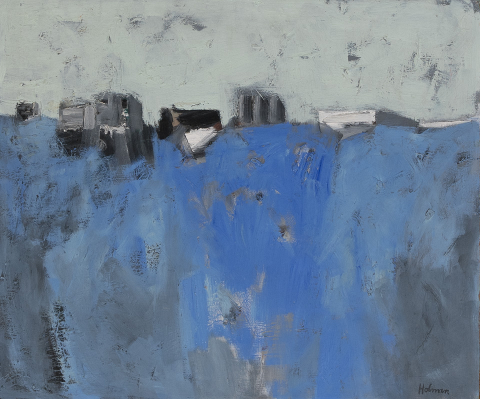 Greek Landscape is an original oil on masonite painting measuring 18.25 � 21.5 inches, completed in 1958 by American Expressionist Landscape painter Bud Holman.