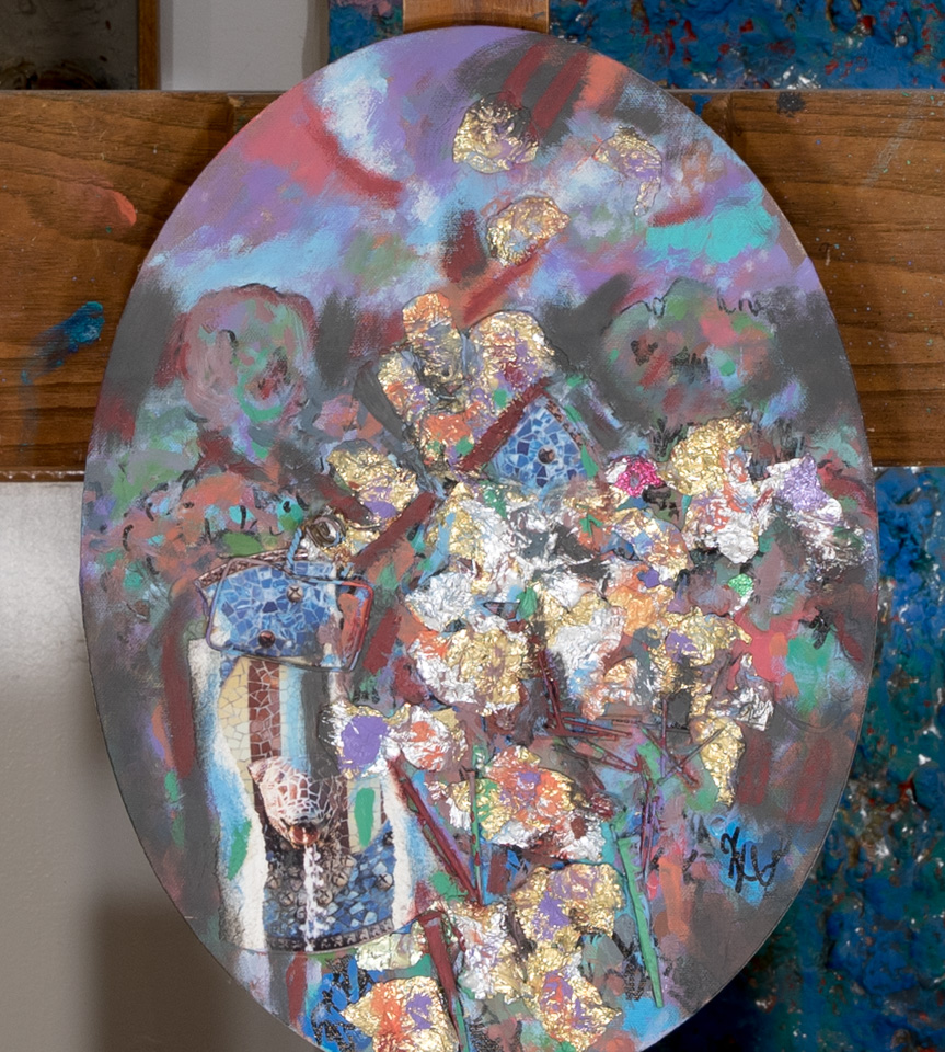 Landscape - Gaudi is an original collage with oil painting collage measuring 15.75 � 12 inches, completed in 2010 by American Expressionist Landscape painter Bud Holman.