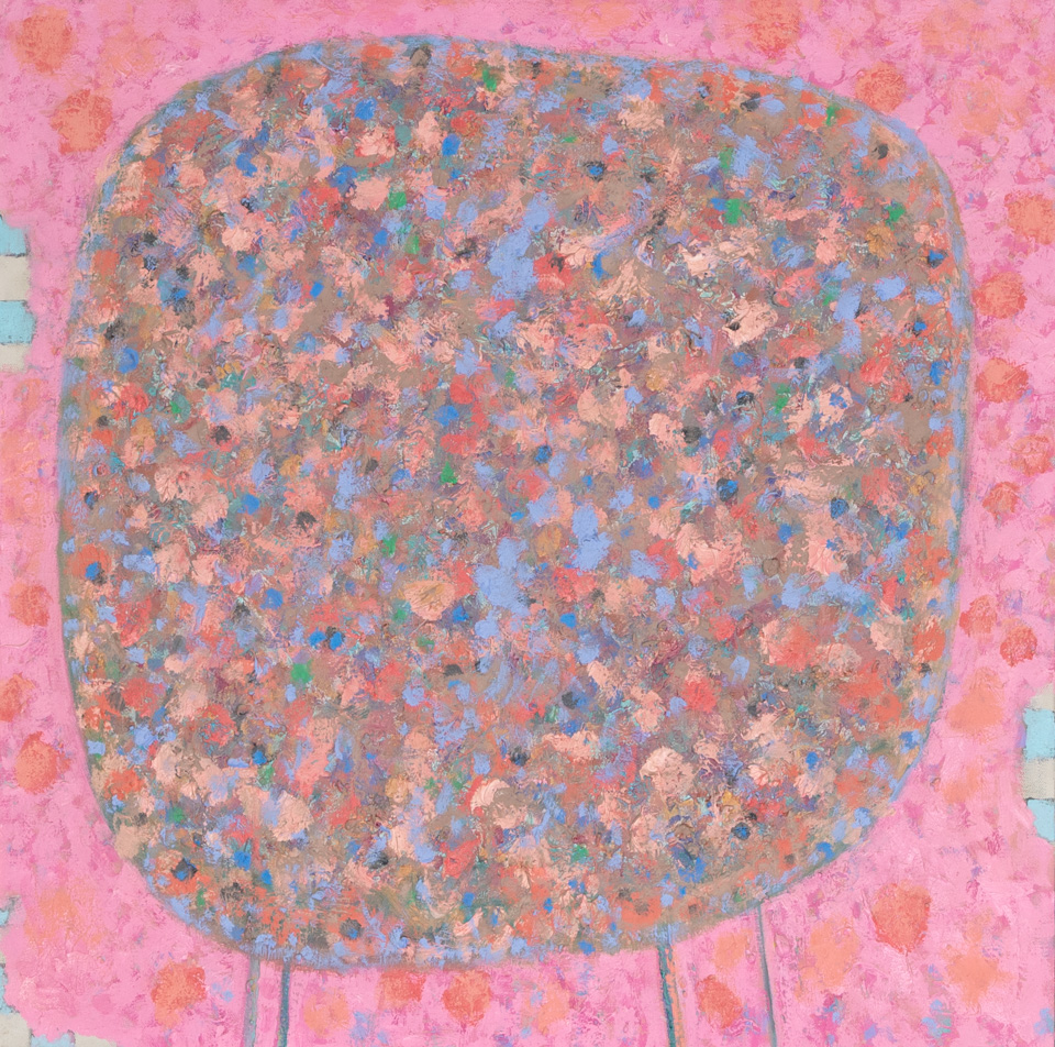 Pink Tablescape is an original oil on canvas painting measuring 24 � 24 inches, completed in 1995 by American Expressionist Landscape painter Bud Holman.