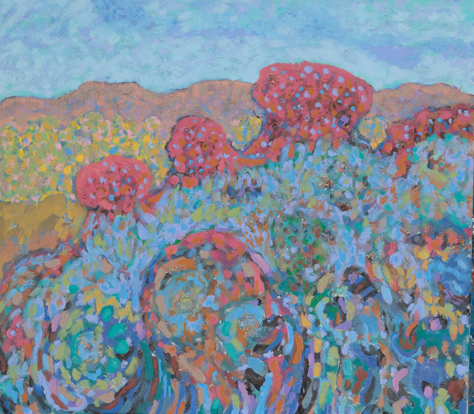 Santa Fe #13 is an original oil on canvas painting measuring 24 � 27 inches, completed in 1978 by American Expressionist Landscape painter Bud Holman.