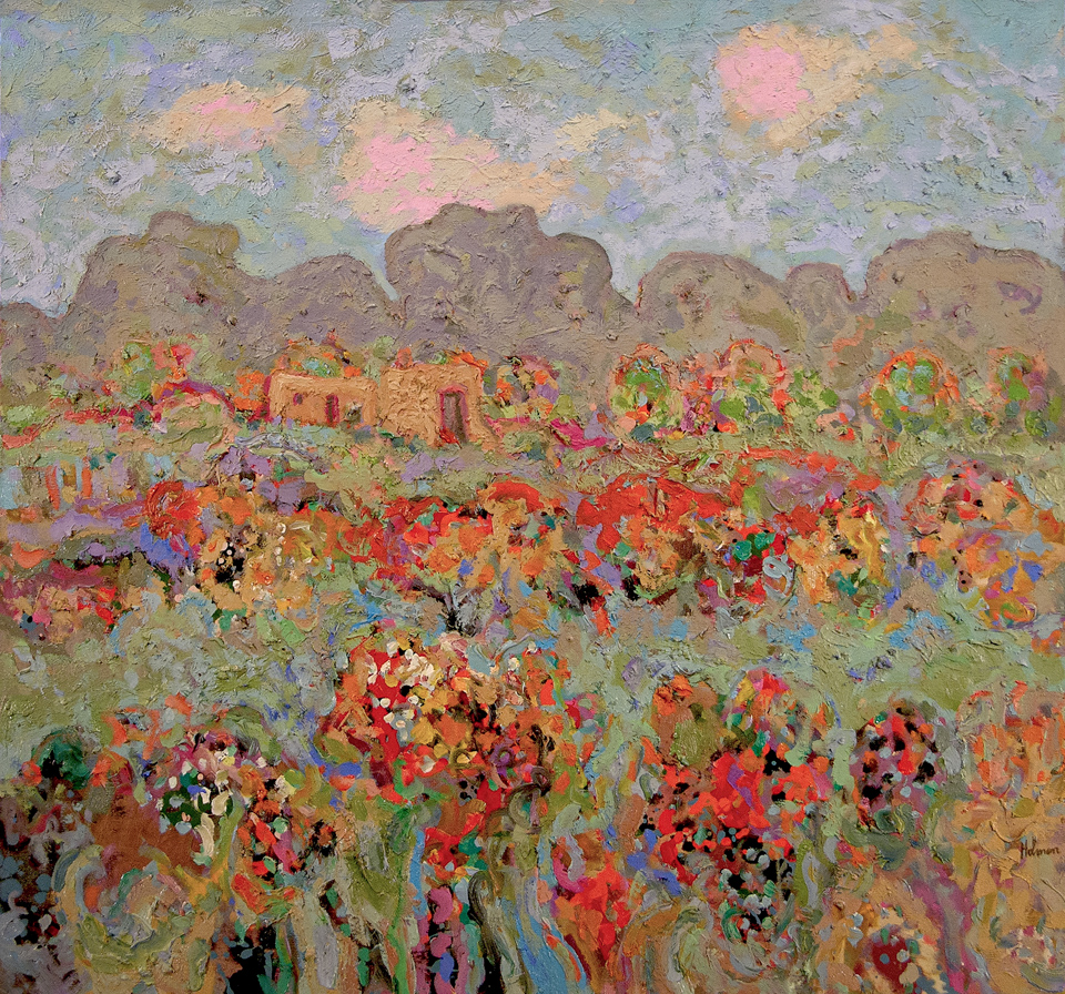 The Adobe - New Mexican Landscape is an original oil on canvas painting measuring 30 � 32 inches, completed in 1975 by American Expressionist Landscape painter Bud Holman.
