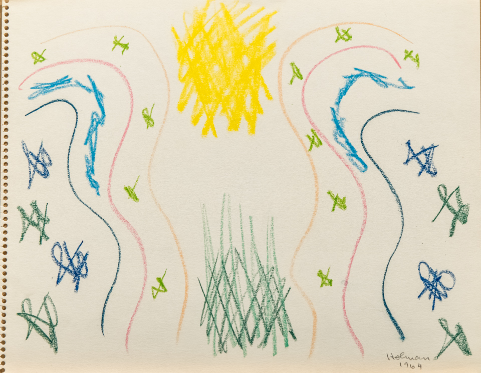 unnamed is an original crayon drawing measuring 11 � 15.5 inches, completed in 1964 by American Expressionist Landscape painter Bud Holman.