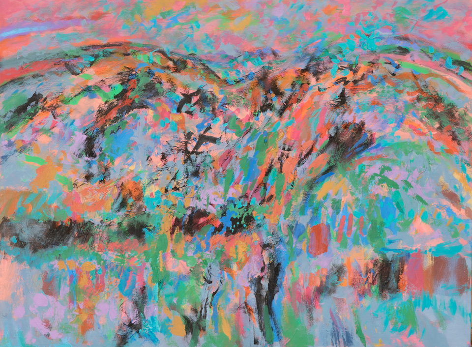 Blue Cowboy Landscape #3 is an original oil on canvas painting measuring 18 � 24 inches, completed in 1998 by American Expressionist Landscape painter Bud Holman.