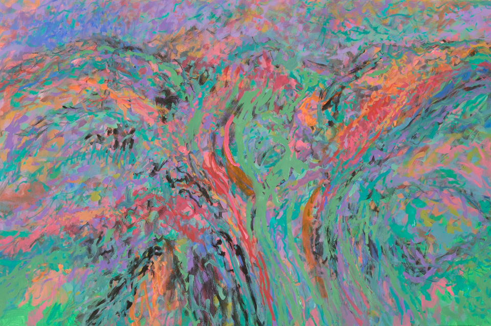 Canyon Road S.F. #7 is an original oil on canvas painting measuring 24 � 36 inches, completed in 2017 by American Expressionist Landscape painter Bud Holman.