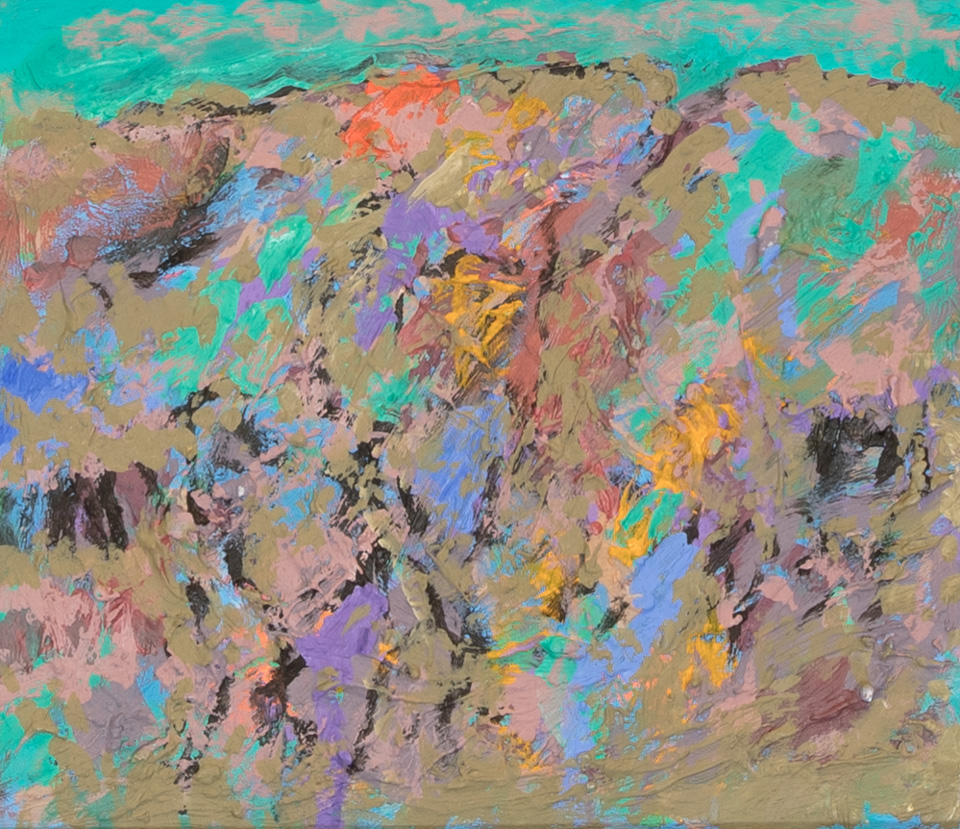 Nogales #85 is an original oil on masonite painting measuring 11 � 13 inches, completed in 2007 by American Expressionist Landscape painter Bud Holman.