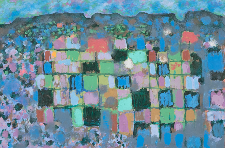 Nogales #112 is an original oil on board painting measuring 16 � 24 inches, completed in 2010 by American Expressionist Landscape painter Bud Holman.