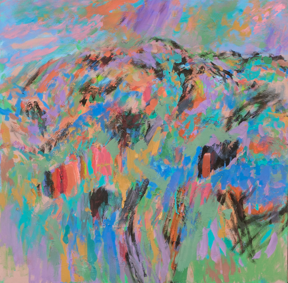 Rancho Santa Cruz #11 is an original oil on panel painting measuring 18 � 18 inches, completed in 2016 by American Expressionist Landscape painter Bud Holman.