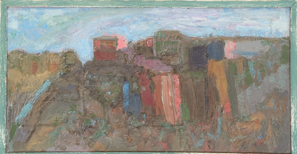 Sagaponack, Long Island, NY is an original collage with oil painting collage measuring 7.5 � 14 inches, completed in 1960 by American Expressionist Landscape painter Bud Holman.