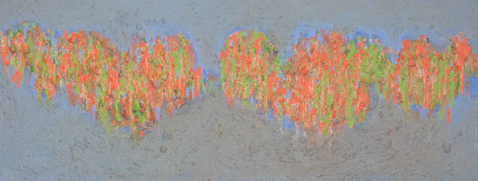 Voyage to Crete #3 is an original oil on canvas painting measuring 14 � 36 inches, completed in 1970 by American Expressionist Landscape painter Bud Holman.