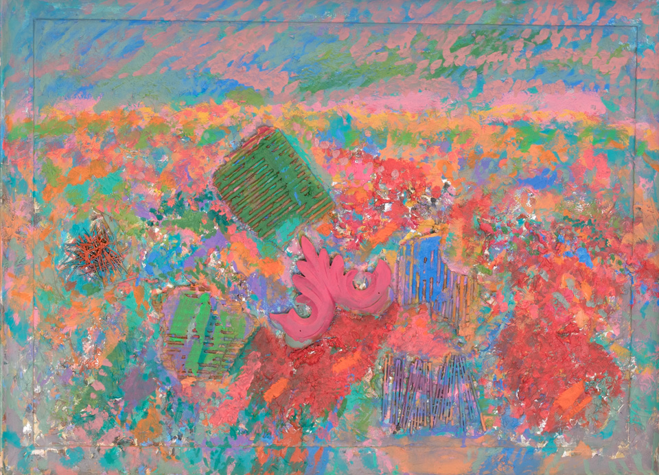 Collage, Nogales  is an original mixed media painting measuring 22 � 30 inches, completed in 2016 by American Expressionist Landscape painter Bud Holman.