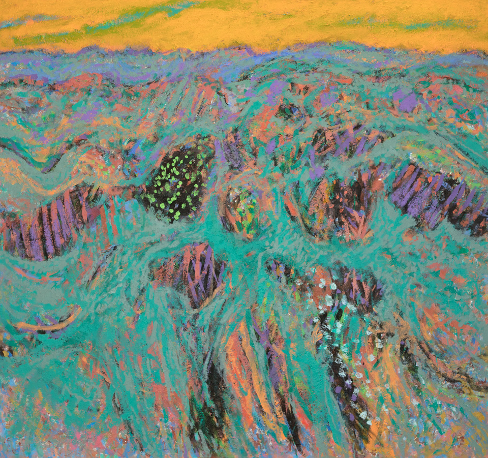 The Way to Ithaca is an original oil on canvas painting measuring 60 � 64 inches, completed in 2015 by American Expressionist Landscape painter Bud Holman.
