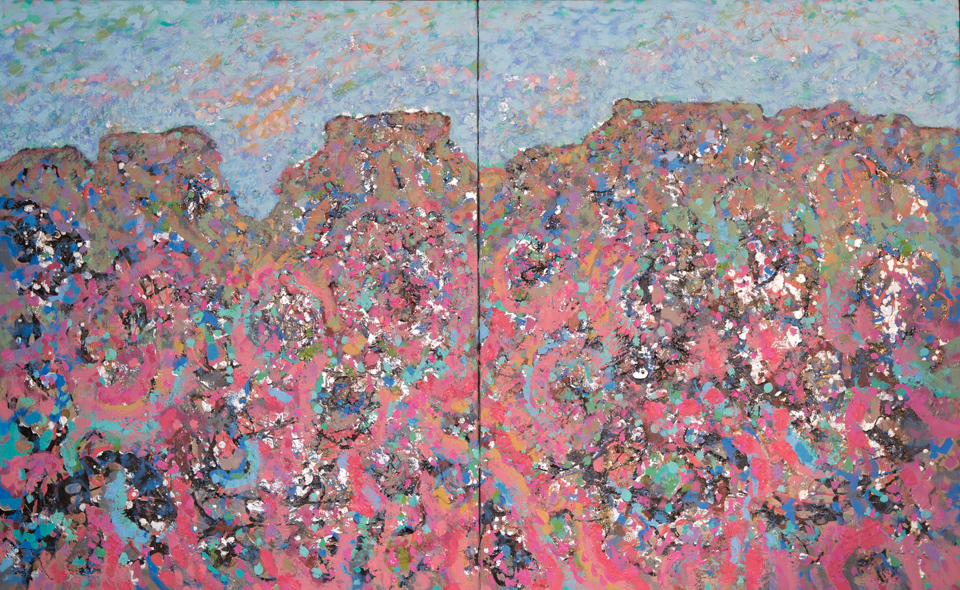 untitled is an original oil on masonite painting measuring 20 × 36 inches, completed in 1983 by American Expressionist Landscape painter Bud Holman.