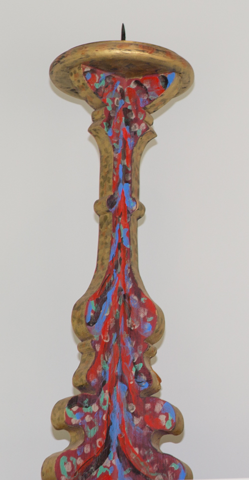 Candlesticks is an original wood-painted sculpture measuring 27 × 12.5 inches, completed in 1980 by American Expressionist Landscape painter Bud Holman.