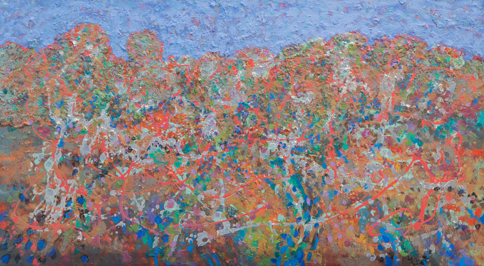  is an original oil on canvas painting measuring 21 × 33 inches, completed in 1963 by American Expressionist Landscape painter Bud Holman.