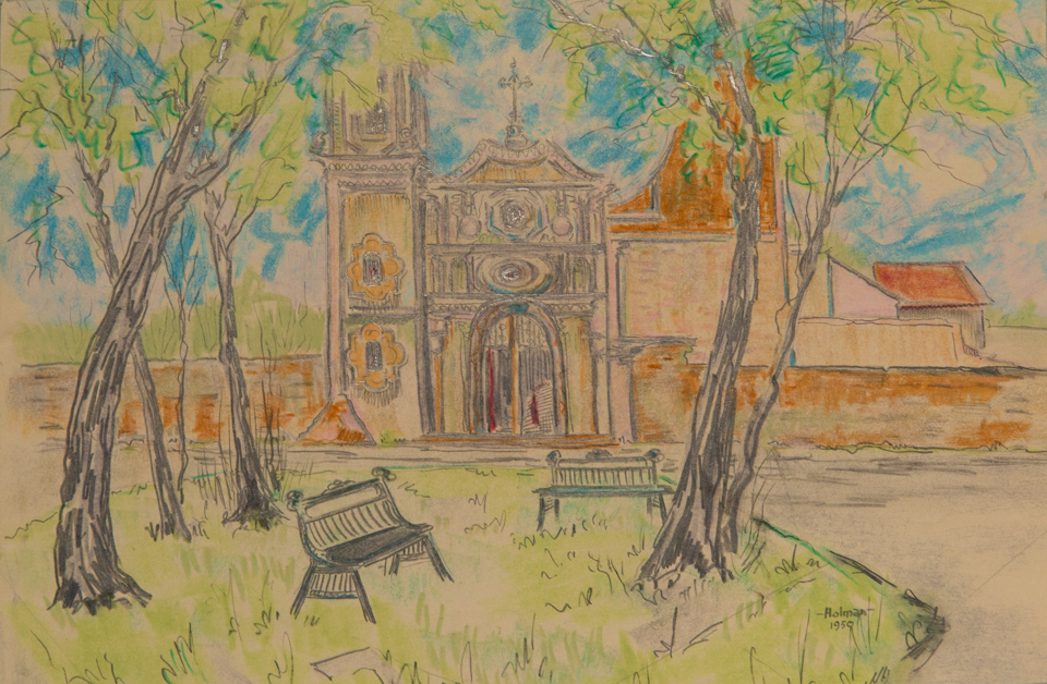 Mission is an original watercolor watercolor measuring 12 × 13.5 inches, completed in 1949 by American Expressionist Landscape painter Bud Holman.