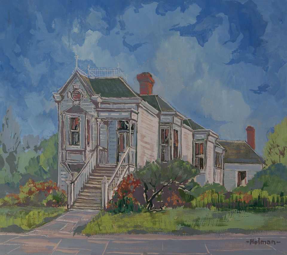 Flood Mansion Gatehouse is an original pencil painting measuring 9.5 × 14.5 inches, completed in 1950 by American Expressionist Landscape painter Bud Holman.