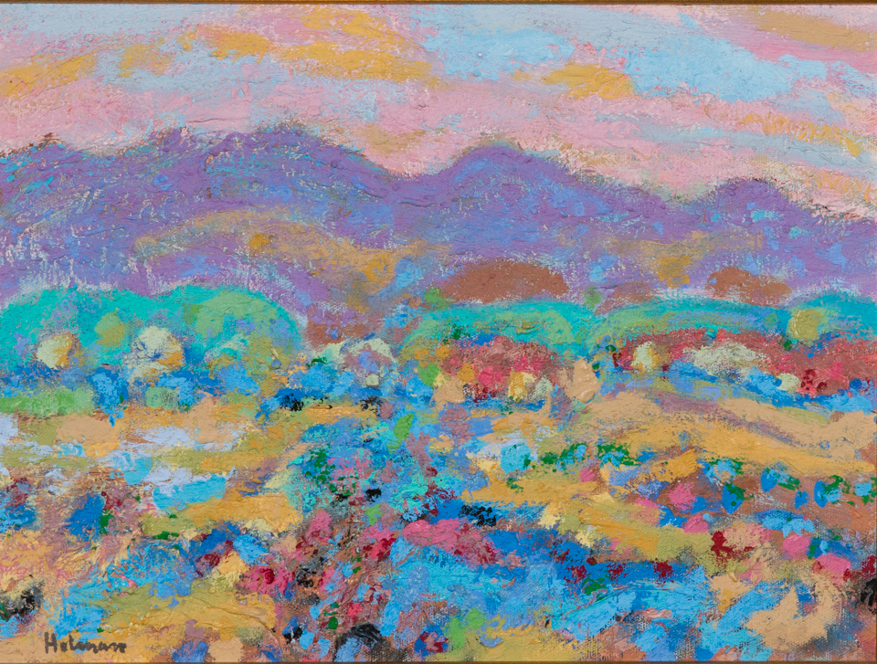 untitled is an original oil on canvas painting measuring 11.5 × 15.5 inches, completed in 1990 by American Expressionist Landscape painter Bud Holman.