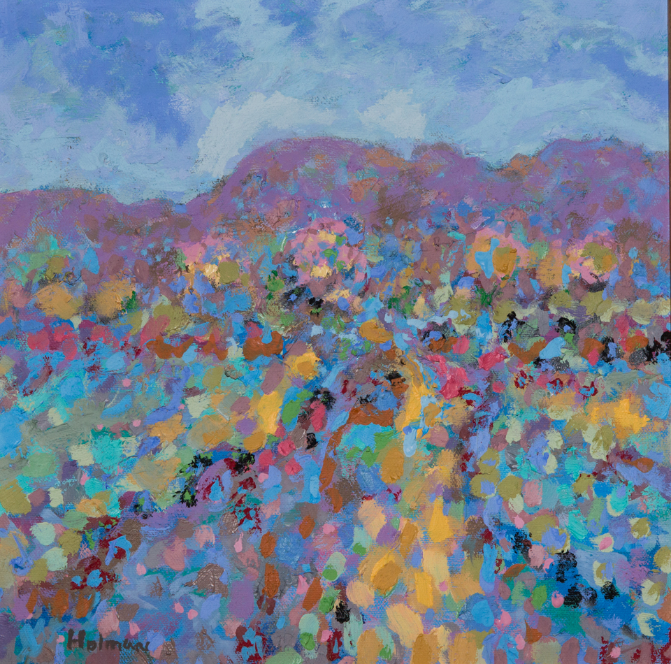 untitled is an original oil on canvas painting measuring 11.5 × 11.5 inches, completed in 1990 by American Expressionist Landscape painter Bud Holman.