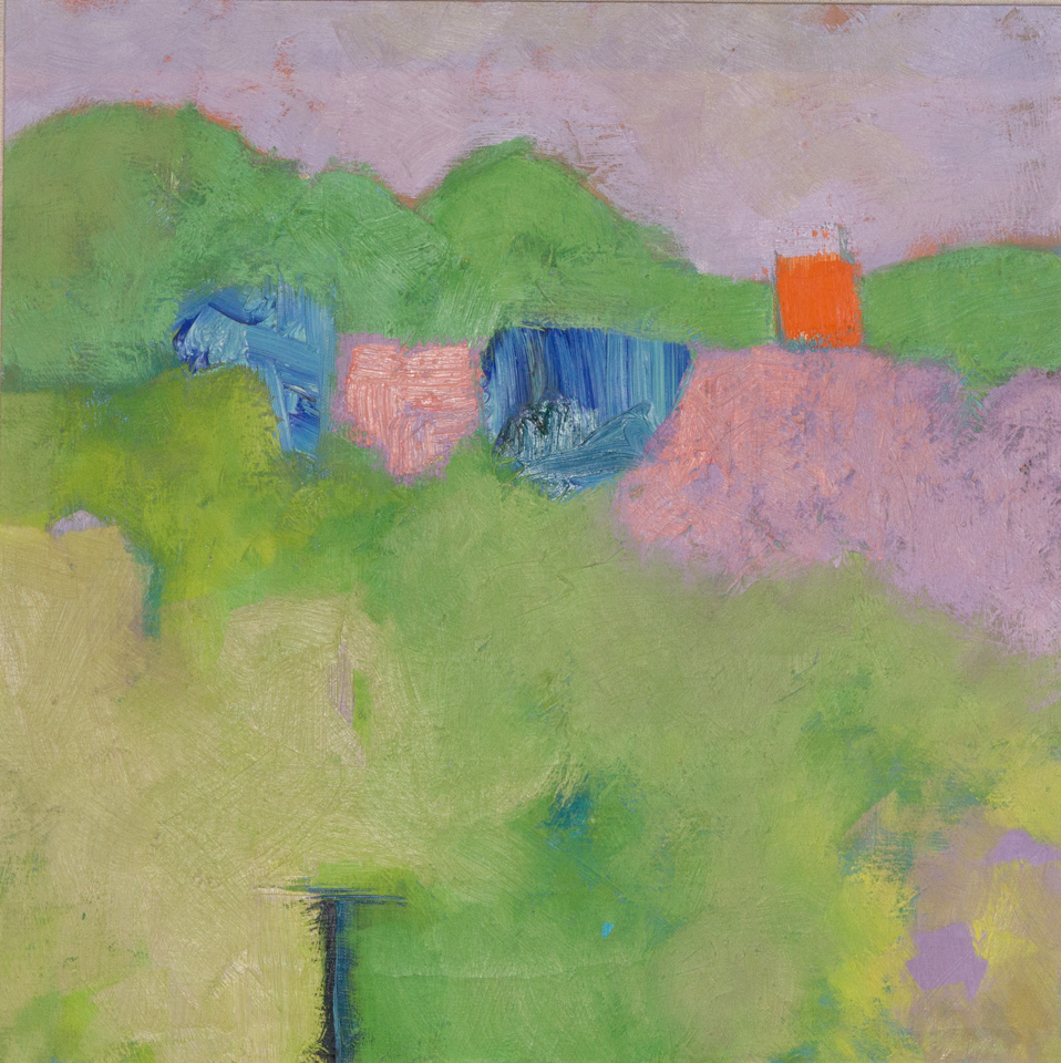 untitled is an original oil on canvas painting measuring 18.5 × 17.5 inches, completed in 1968 by American Expressionist Landscape painter Bud Holman.