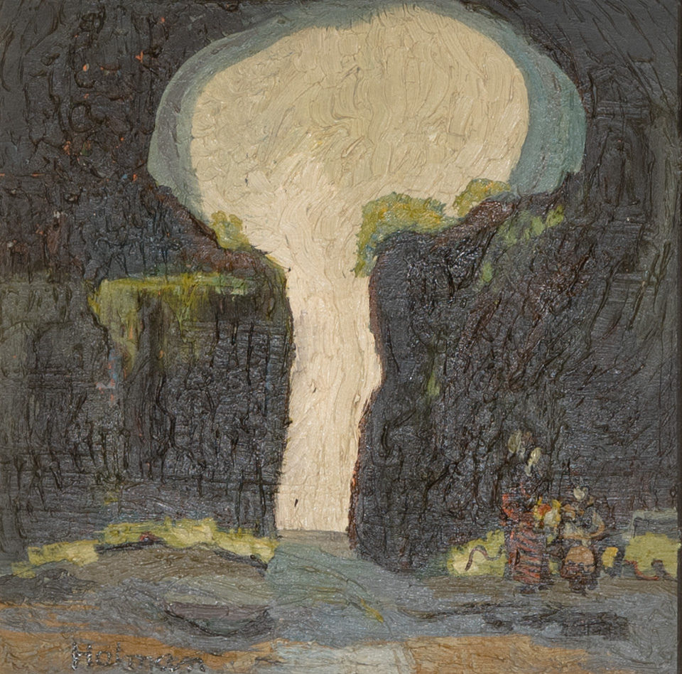 Ocean Cave, Crete is an original oil on masonite painting measuring 10.5 × 10.5 inches, completed in 1954 by American Expressionist Landscape painter Bud Holman.
