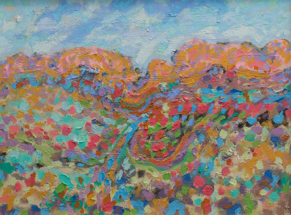 untitled is an original oil on canvas painting measuring 11.5 × 16 inches, completed in 1988 by American Expressionist Landscape painter Bud Holman.