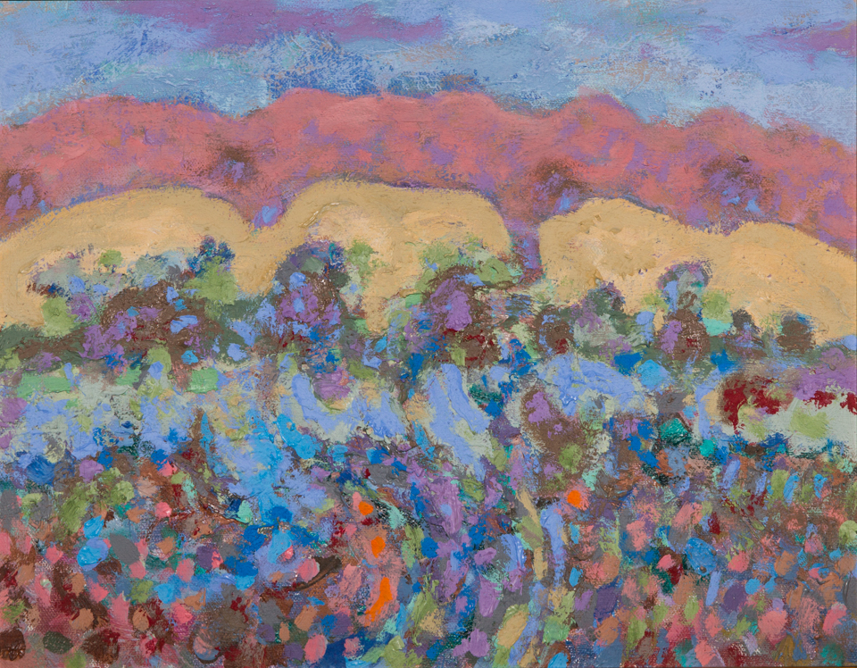 untitled is an original oil on canvas painting measuring 10.5 × 13.5 inches, completed in 1988 by American Expressionist Landscape painter Bud Holman.