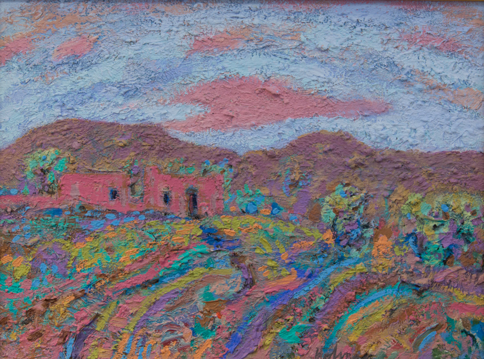 untitled is an original oil on canvas painting measuring 13 × 11 inches, completed in 1982 by American Expressionist Landscape painter Bud Holman.