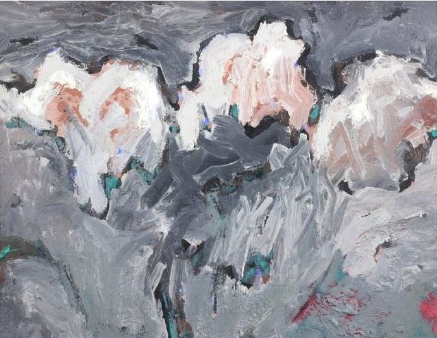 SANGRE DE CRISTO MOUNTAINS, TAOS WINTER is an original oil on canvas painting measuring 12 × 18 inches, completed in 1975 by American Expressionist Landscape painter Bud Holman.