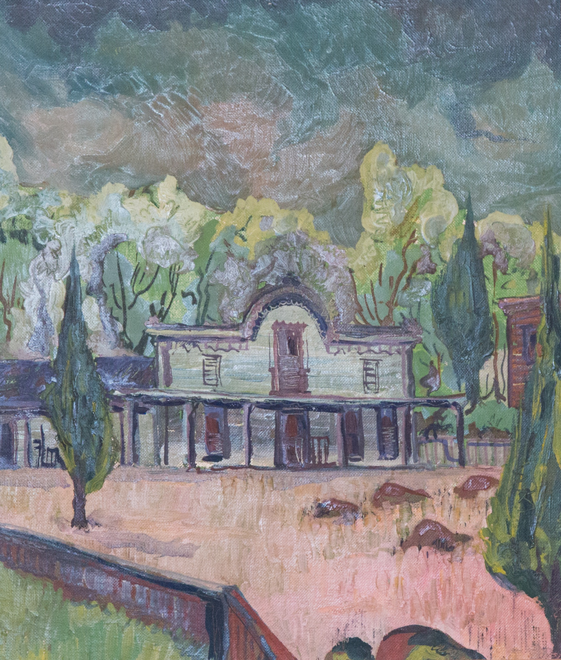 Brookville Lodge is an original oil on panel painting measuring 14 × 10 inches, completed in 1953 by American Expressionist Landscape painter Bud Holman.