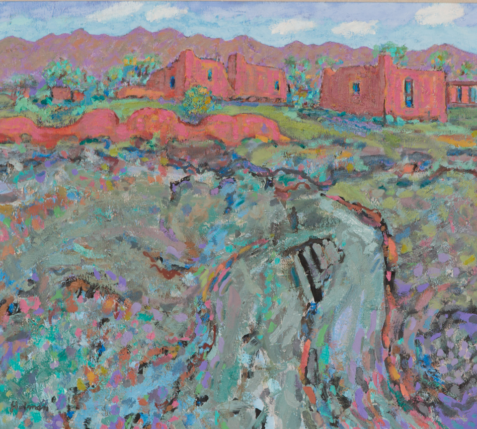 Adobe House in Jacona is an original oil on canvas painting measuring 24 × 28 inches, completed in 1979 by American Expressionist Landscape painter Bud Holman.
