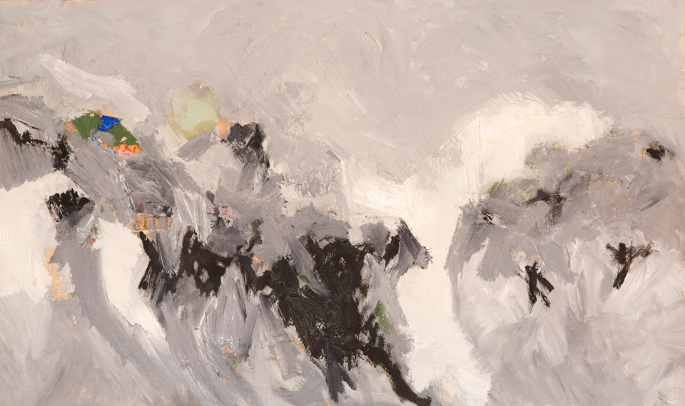 Collage Landscape 3 is an original collage with oil painting collage measuring 14 × 22.5 inches, completed in 1964 by American Expressionist Landscape painter Bud Holman.
