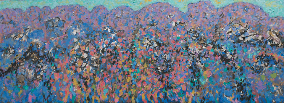 Santa Catalina Mountains is an original oil on panel painting measuring 20 × 54 inches, completed in 1990 by American Expressionist Landscape painter Bud Holman.