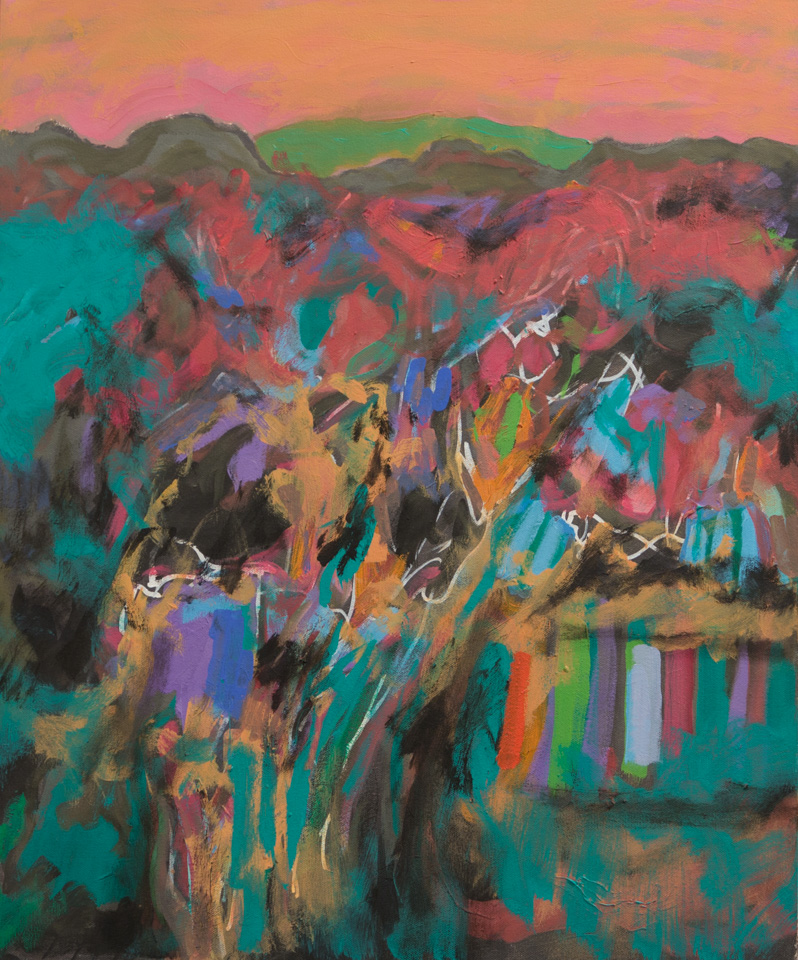 Rancho Santa Rita is an original oil on canvas painting measuring 24 × 20 inches, completed in 2011 by American Expressionist Landscape painter Bud Holman.