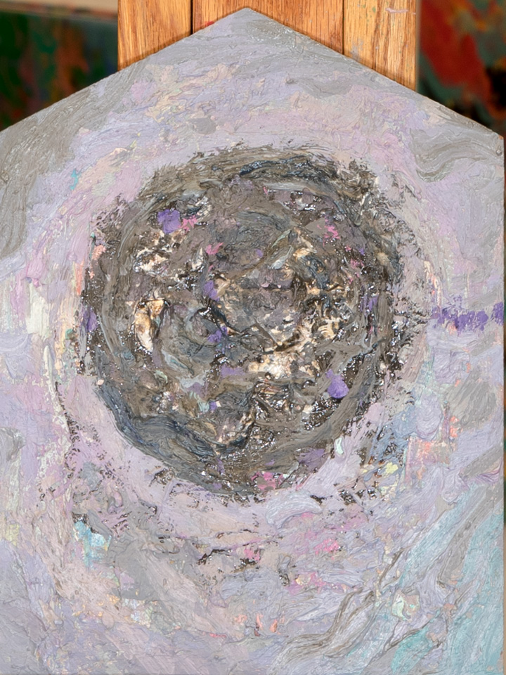 Mud Pie #85 is an original oil on masonite painting measuring 11.25 × 8.5 inches, completed in 1983 by American Expressionist Landscape painter Bud Holman.
