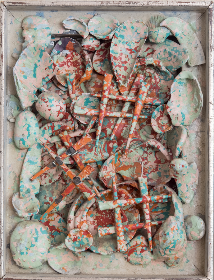 unnamed is an original assemblage collage measuring 12.5 × 9.5 inches, completed in 1976 by American Expressionist Landscape painter Bud Holman.