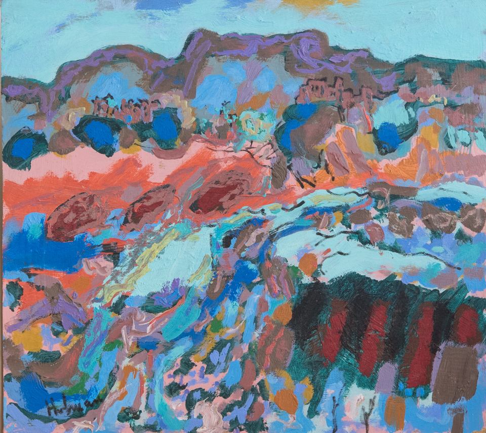 Morocco Landscape is an original oil on masonite painting measuring 10 × 11 inches, completed in 2000 by American Expressionist Landscape painter Bud Holman.