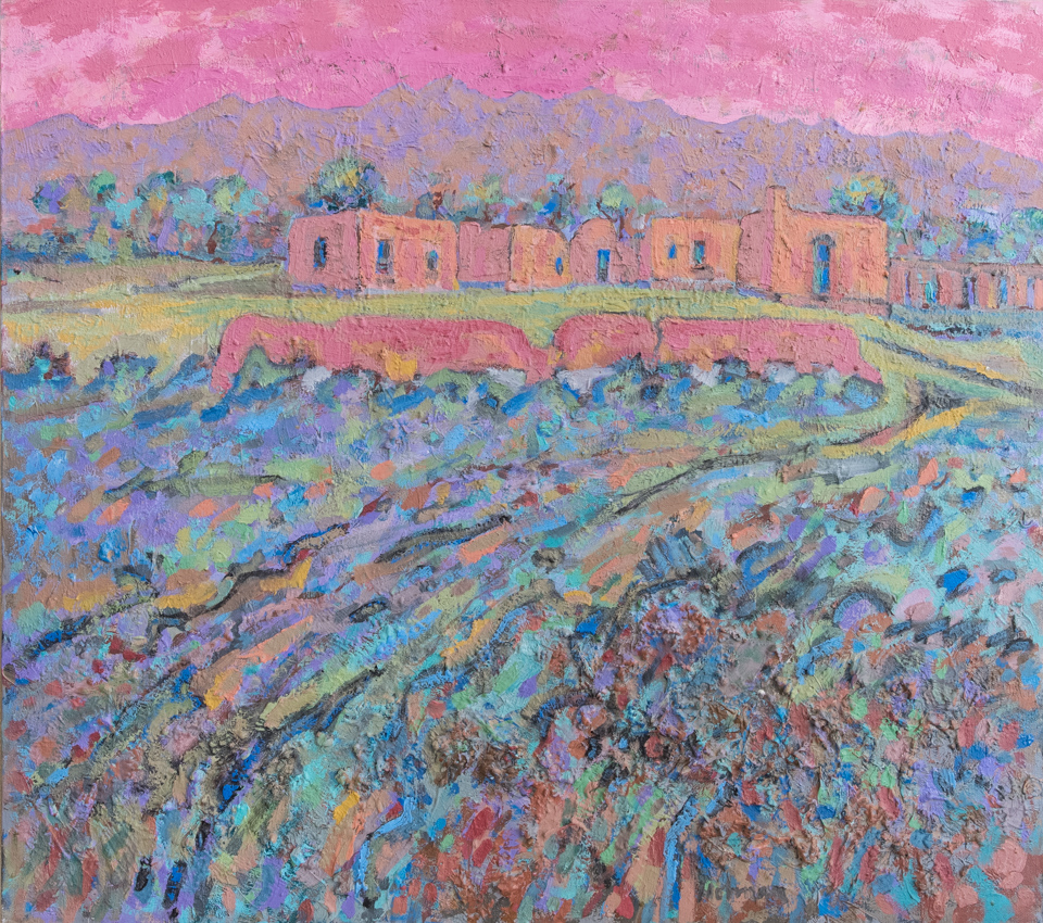 Old Adobe Near San Ildefonso Pueblo  is an original oil on canvas painting measuring 24 × 27 inches, completed in 1983 by American Expressionist Landscape painter Bud Holman.