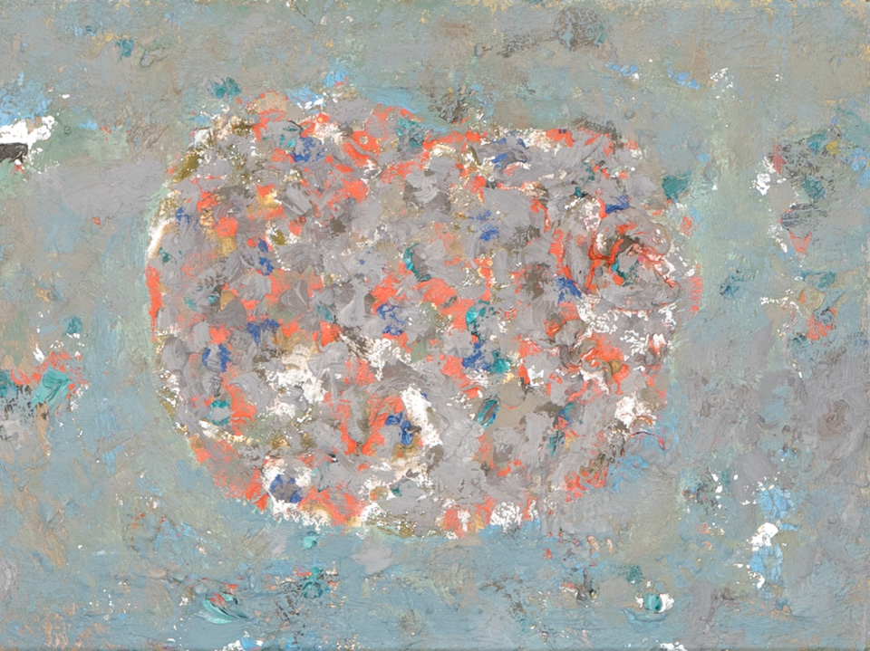 Mud Pie #102 is an original oil on masonite painting measuring 9.25 × 12 inches, completed in 1983 by American Expressionist Landscape painter Bud Holman.