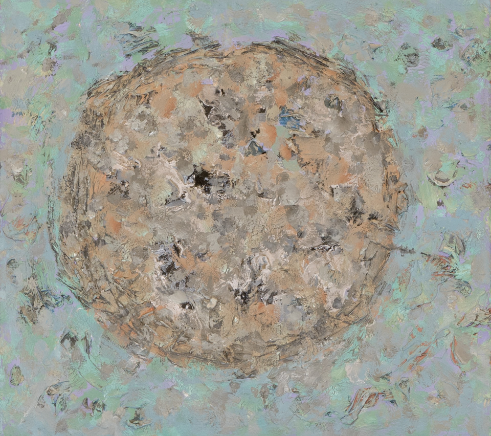Mud Pie #107 is an original oil on masonite painting measuring 13 × 14 inches, completed in 1983 by American Expressionist Landscape painter Bud Holman.